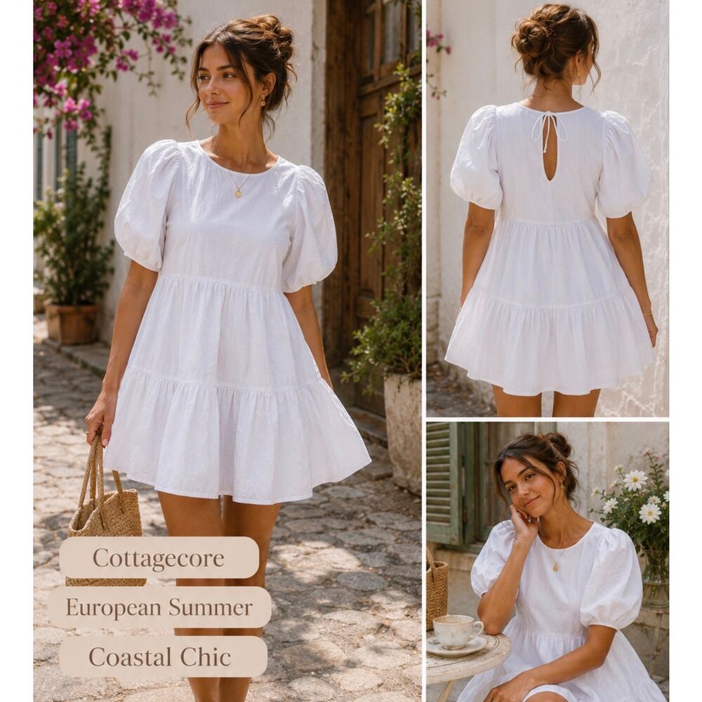 Faithfull The Brand White Cotton Puff Sleeve Tiered Mini Dress Coquette Summer L